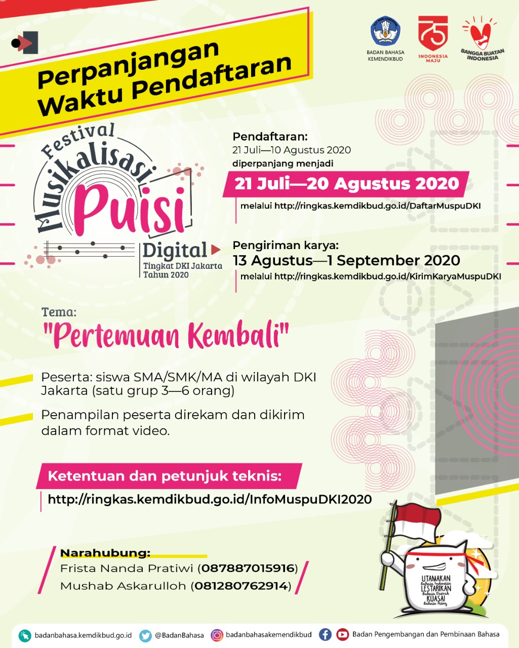 Perpanjangan Waktu Pendaftaran Festival Musikalisasi Puisi Digital Tingkat DKI Jakarta Tahun 2020